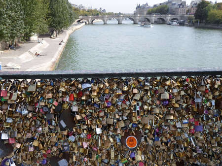 Locks on a bridge over the River Seine, Parisのeditorial素材
