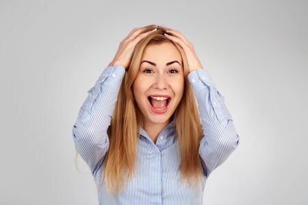Healthy girl in diferent emotions, joyfulness, exultanceの写真素材