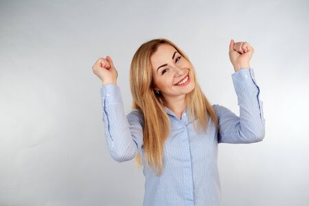 Healthy girl in diferent emotions, joyfulness, exultanceの写真素材