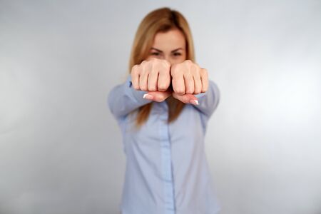 Healthy girl in diferent emotions,hands on focusの写真素材