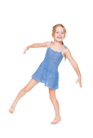 funny pretty little girl in blue dressの写真素材
