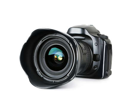 Black digital camera isolated on white background の写真素材