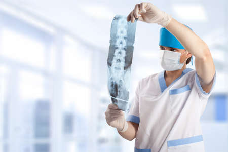 medical doctor looking at x-ray picture of spinal column in hospital with copy space の写真素材