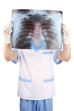 medical doctor looking through x-ray picture of lungs doctor isolated on white background の写真素材
