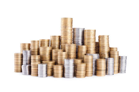 coins stacks isolated on white の写真素材