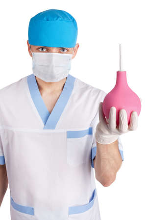 medical doctor with an enema isolated on white backgroundの写真素材
