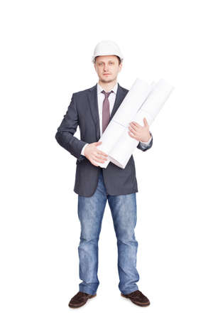 Engineer with blueprints isolated on white backgroundの写真素材