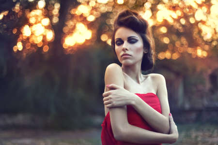 Fashion beautiful young woman outdoors portrait の写真素材