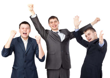Successful young businesspeople raising hands isolated on white background の写真素材