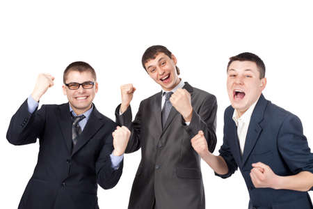 Successful young businesspeople gesturing with fists isolated on white background の写真素材