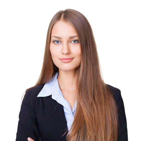 Closeup portrait of young successful businesswoman isolated on white backgroundの写真素材