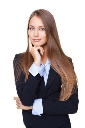 Portrait of a young attractive business woman touching her face isolated on white backgroundの写真素材