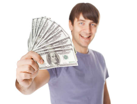 Portrait of smiling man holding hand up to chin isolated on white background, selective focusの写真素材