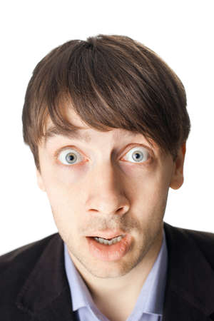 emotional portrait of surprised man isolated on white backgroundの写真素材