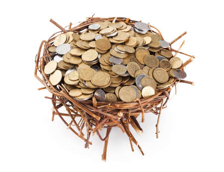 Nest full of coins isolated on white backgroundの写真素材