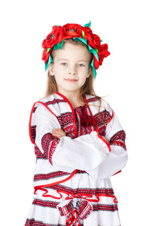 Portrait of joyful young Ukrainian girl in national costume  Isolated on white backgroundの写真素材