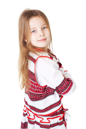 Portrait of joyful young Ukrainian girl in national costume  Isolated on white backgroundの写真素材