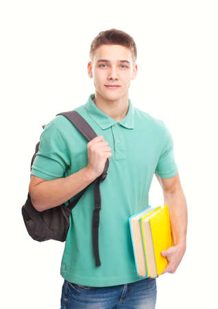 Portrait of happy smiling student with books and backpack isolated on white backgroundの写真素材