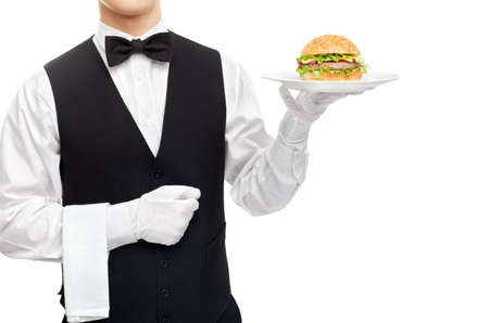 Waiter torso with hamburger on plate isolated on white backgroundの写真素材