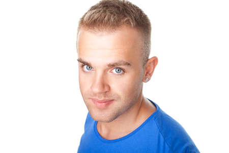 Top view portrait of happy smiling young man isolated on white backgroundの写真素材