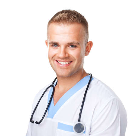 Portrait of happy smiling young doctor in uniform isolated on white backgroundの写真素材