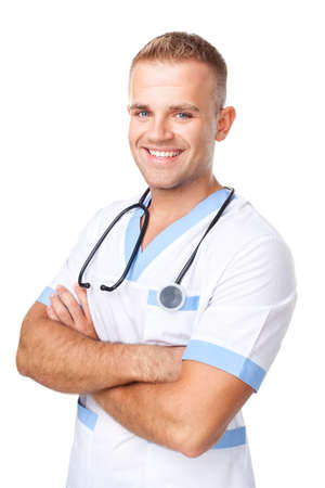 Portrait of happy smiling young doctor in uniform isolated on white backgroundの写真素材