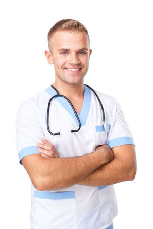 Portrait of happy smiling young doctor in uniform isolated on white backgroundの写真素材