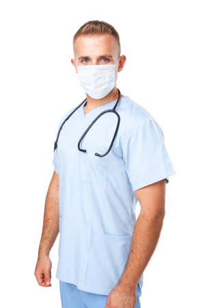 Portrait of young medical doctor in mask isolated on white backgroundの写真素材