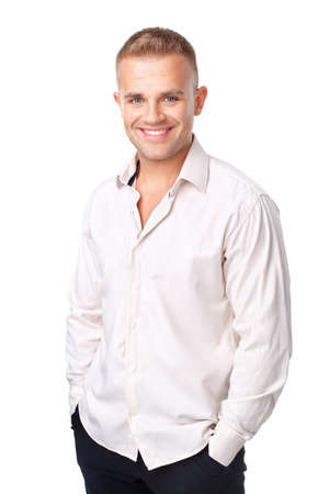 Portrait of  happy smiling young man wearing a white shirt isolated on white backgroundの写真素材