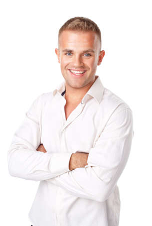 Portrait of happy smiling young man wearing a white shirt isolated on white backgroundの写真素材