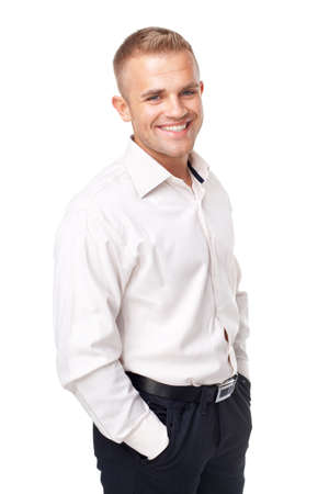 Portrait of happy smiling young man wearing a white shirt isolated on white backgroundの写真素材