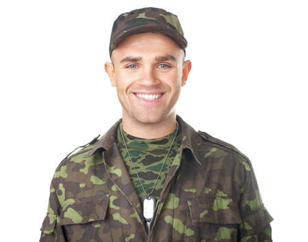 Smiling army soldier isolated on white background