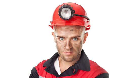 Closeup portrait of serious coal miner isolated on white background