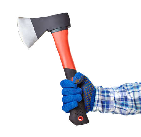Working hand with protection glove holding axe isolated on white backgroundの写真素材