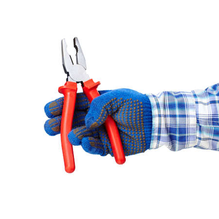 Working hand with protection glove holding pliers isolated on white backgroundの写真素材