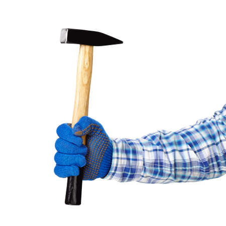 Working hand with protection glove holding hammer isolated on white backgroundの写真素材