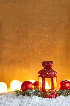 Christmas decoration in snow with copy spaceの写真素材