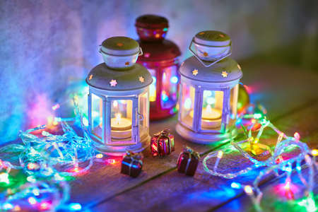 Christmas background with lanterns and garland. Holiday conceptの写真素材