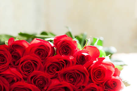 Red roses bouquet. Romantic backgroundの写真素材