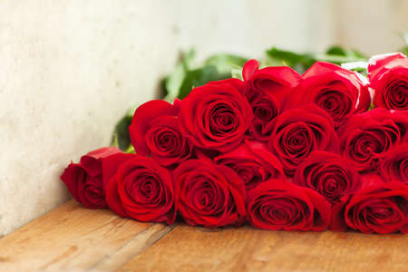 Red roses bouquet. Romantic backgroundの写真素材