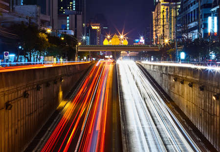 car light trails on long exposure at nightの写真素材