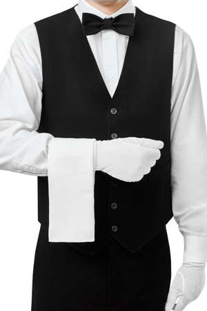 Professional waiter at your service. Isolated on white backgroundの写真素材