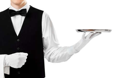 Elegant waiter holding empty silver tray on hand isolated on white backgroundの写真素材