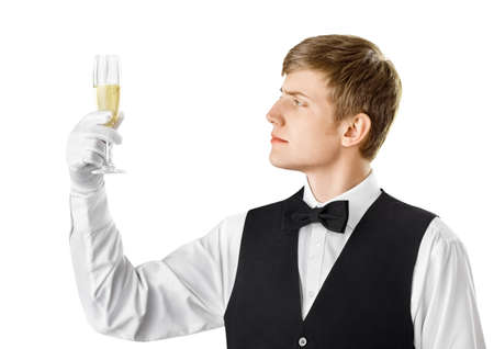 Sommelier examining wine isolated on white backgroundの写真素材