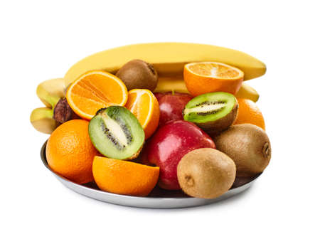 Big plate with ripe fruits isolated on white background. Healthy foodの写真素材
