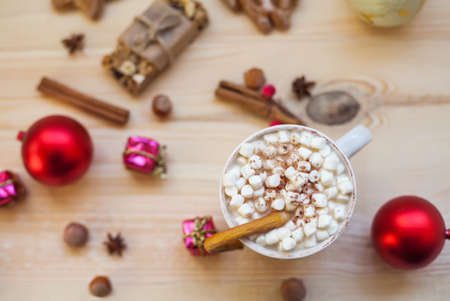 Christmas cookies with festive decoration on wooden background. Top viewの写真素材