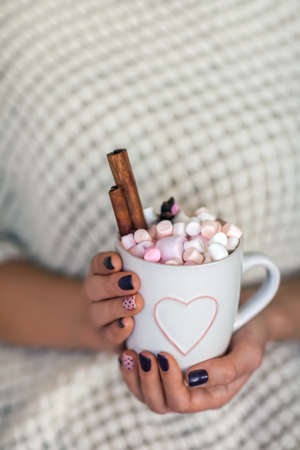 Woman hands holding a cup of hot chocolate with marshmallows. Relaxation conceptの写真素材