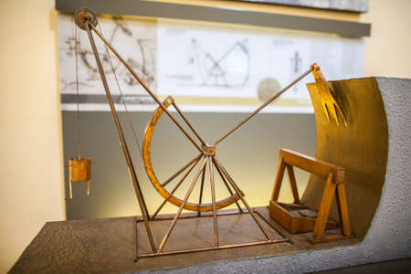 MILAN, ITALY - JUNE 9, 2016: trench-digging machine model of Leonardo da Vinci's scientific studies...