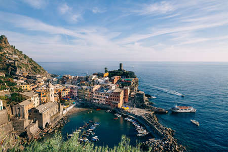 Scenic view of colorful village Vernazza on the Cinque Terre coast of Italyの写真素材