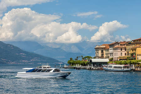 Boat on Lake Como near beautiful town Bellagio in Italy.の写真素材